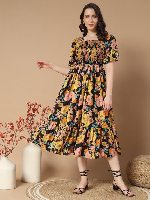 women floral printed puff sleeve tiered dress - 21997286 - Very Small Image - 1