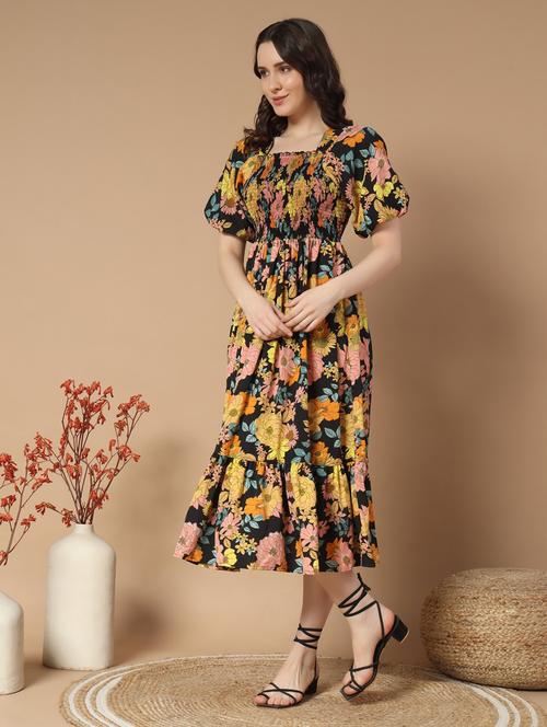 women floral printed puff sleeve tiered dress - 21997294 - Very Small Image - 1