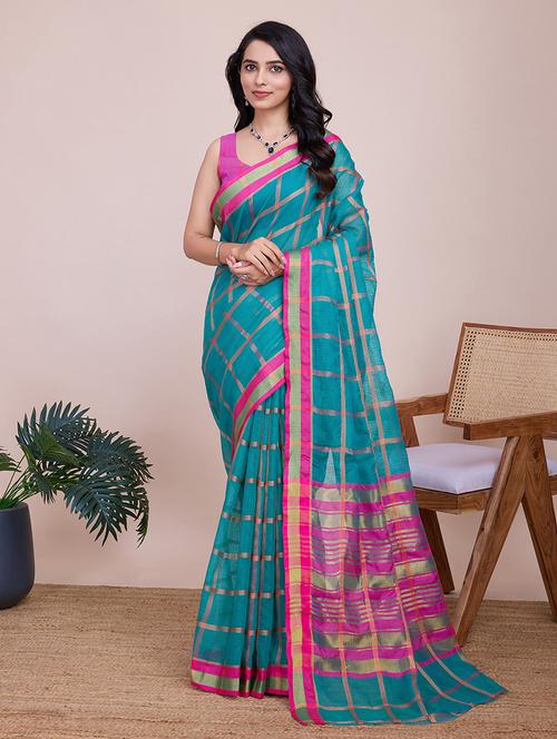 women checkered bordered saree with blouse - 21998781 - Very Small Image - 1