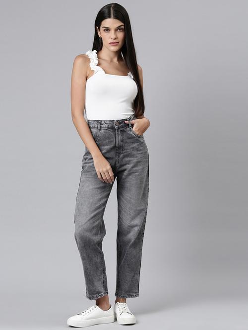 women washed high rise straight fit jean - 22001386 - Very Small Image - 1