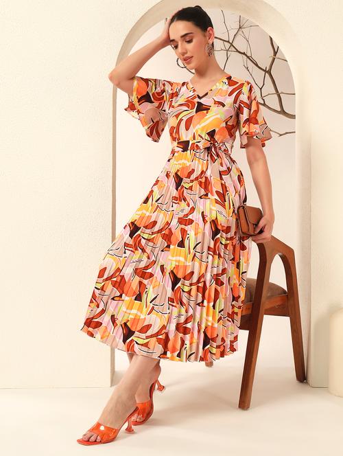 women abstract print flared sleeve belted dress - 22003829 - Very Small Image - 1