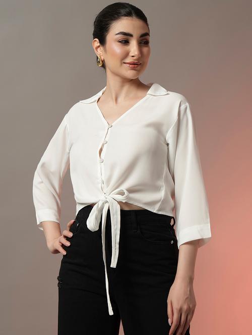 women solid three quarter sleeve tie up detail crop top - 22006890 - Very Small Image - 1