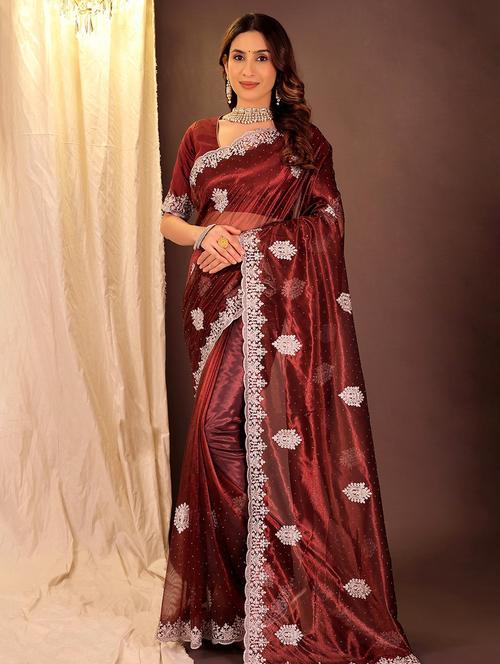 women solid with work embroidered saree with blouse - 22007225 - Very Small Image - 1