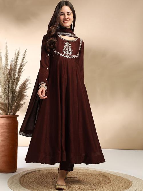women embroidered long sleeve anarkali kurta pant with dupatta set - 22011246 - Very Small Image - 1