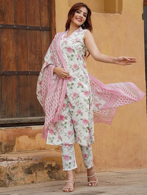 women floral printed sleeveless kurta pant with dupatta set - 22011410 - Very Small Image - 1