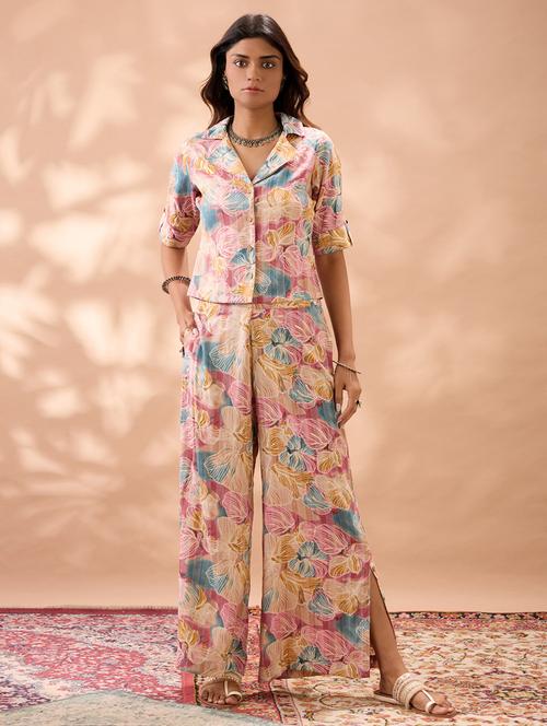globus women multi color floral print notched lapel shirt with wide leg trousers fusion co-ord set - 22013417 - Very Small Image - 1