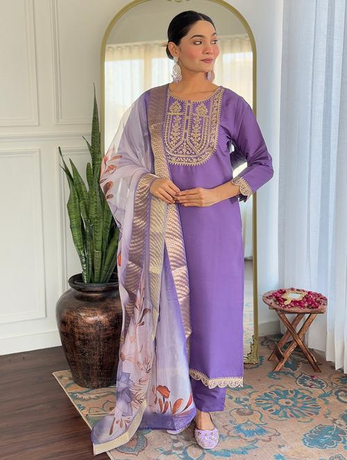 women embroidered three quarter sleeve kurta pant with dupatta set - 22014111 - Very Small Image - 1