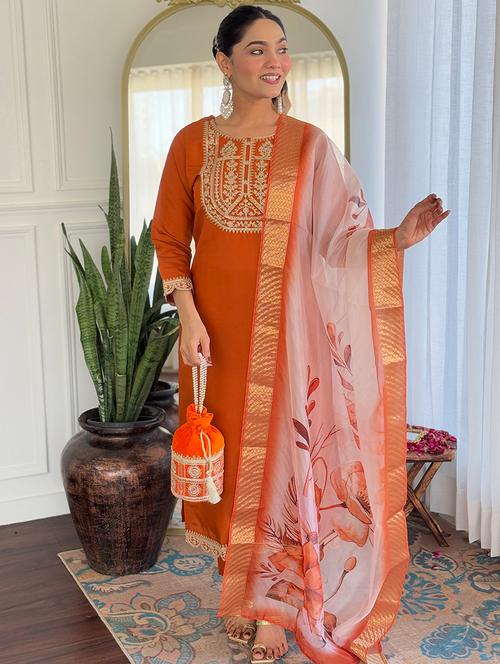 women embroidered three quarter sleeve kurta pant with dupatta set - 22014112 - Very Small Image - 1