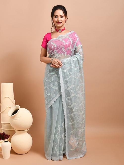 women solid with work embroidered saree with blouse - 22014357 - Very Small Image - 1