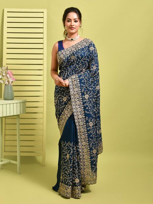 women solid with work embroidered saree with blouse - 22014373 - Very Small Image - 1