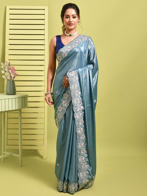 women solid with work embroidered saree with blouse - 22014384 - Very Small Image - 1