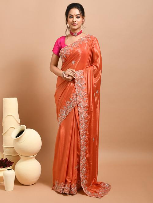 women solid with work embroidered saree with blouse - 22014393 - Very Small Image - 1