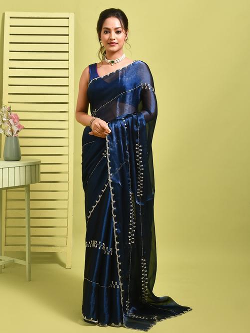 women solid with work embellished saree with blouse - 22014420 - Very Small Image - 1