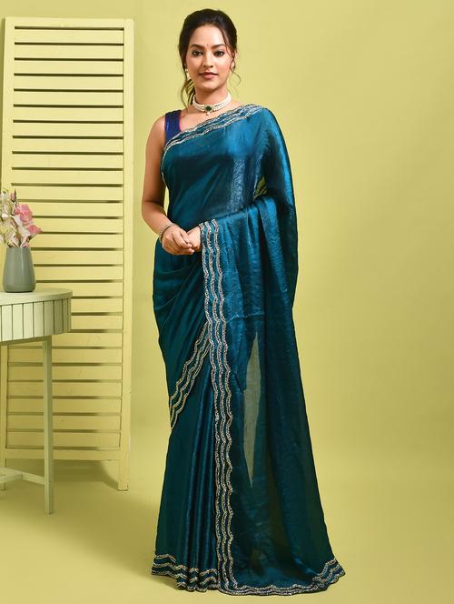 women solid with bordered embellished saree with blouse - 22014426 - Very Small Image - 1