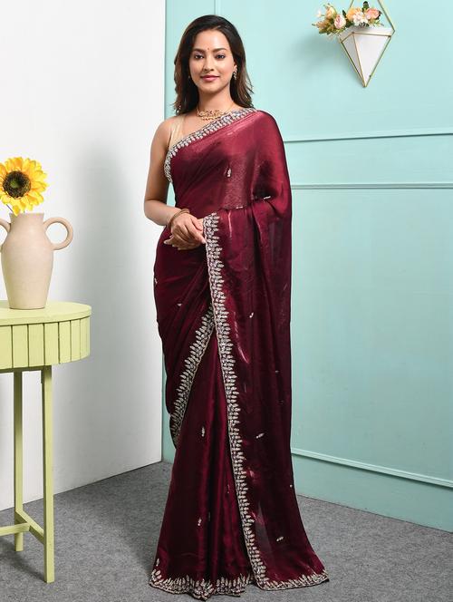 women solid with work embellished saree with blouse - 22014429 - Very Small Image - 1