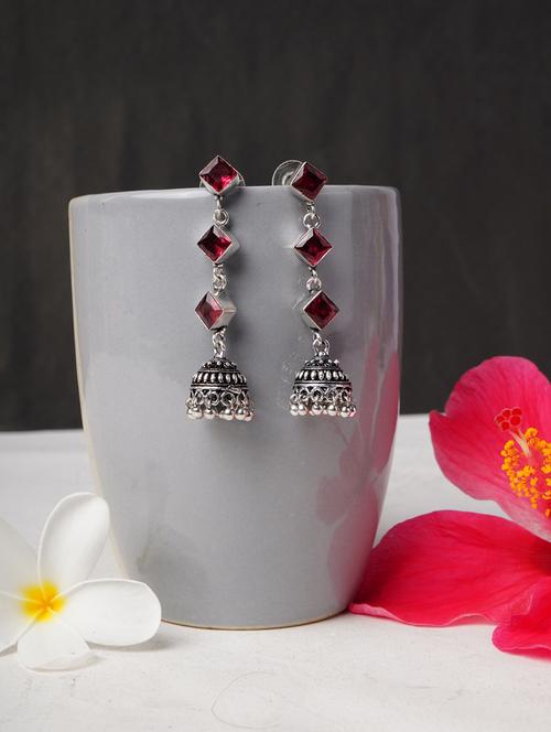 pink & silver toned classic design crystal drop jhumki - 22014489 - Very Small Image - 1