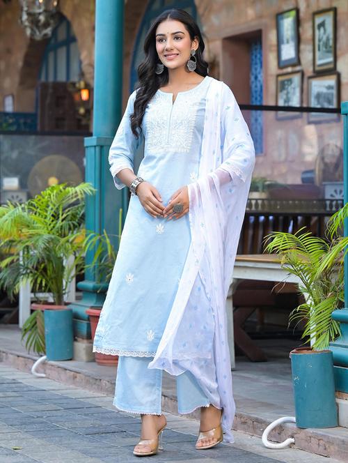 women three quarter sleeve kurta palazzo with dupatta set - 22014520 - Very Small Image - 1