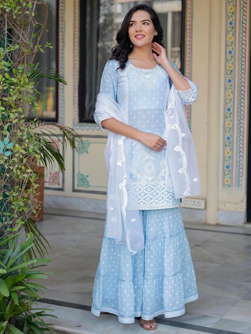 women three quarter sleeve kurta sharara with dupatta set - 22014571 - Very Small Image - 1