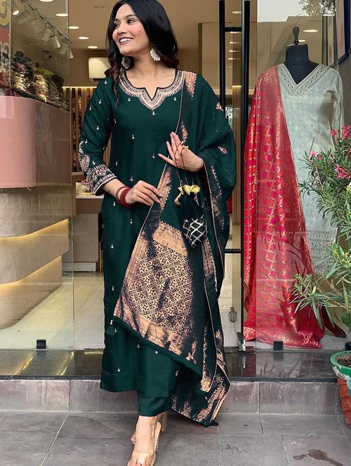women embroidered three quarter sleeve kurta pant with dupatta set - 22014608 - Very Small Image - 1