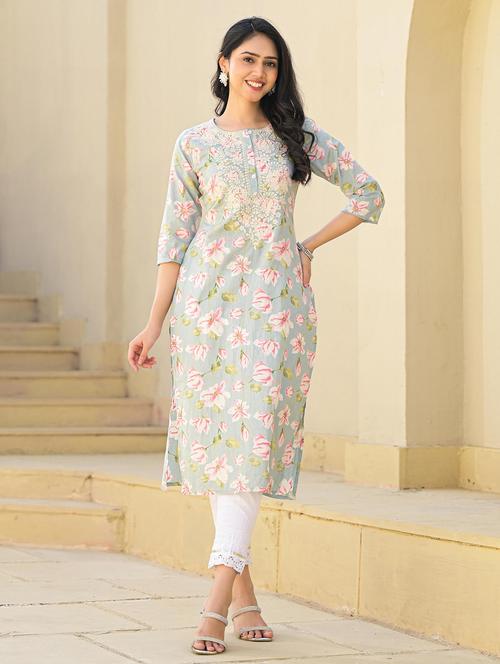 women floral printed three quarter sleeve straight kurta - 22014666 - Very Small Image - 1