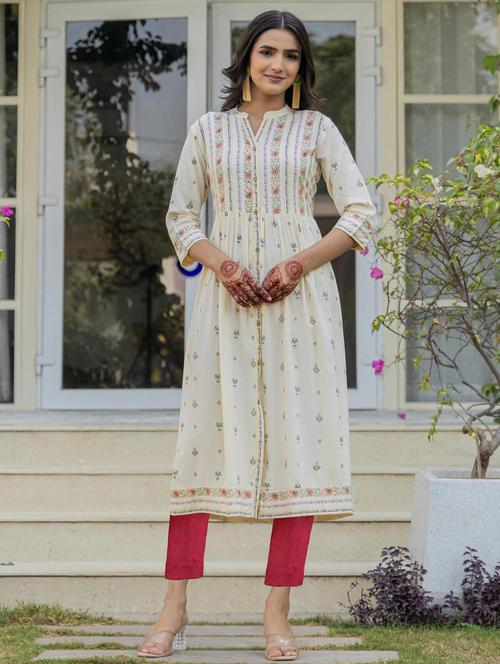 women printed three quarter sleeve a-line kurta - 22014690 - Very Small Image - 1