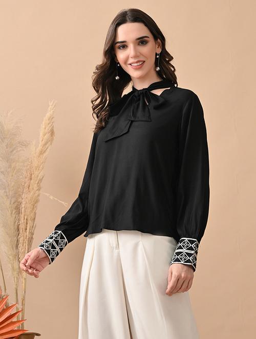 women black embroidered puff sleeve regular top - 22017633 - Very Small Image - 1