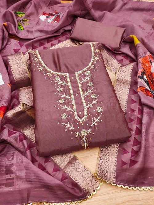 women solid with work embroidered unstitched suit set - 22020745 - Very Small Image - 1