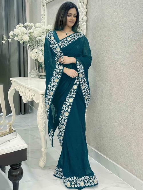 women solid with work bordered saree with blouse - 22021286 - Very Small Image - 1