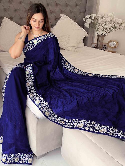 women solid with work bordered saree with blouse - 22021289 - Very Small Image - 1