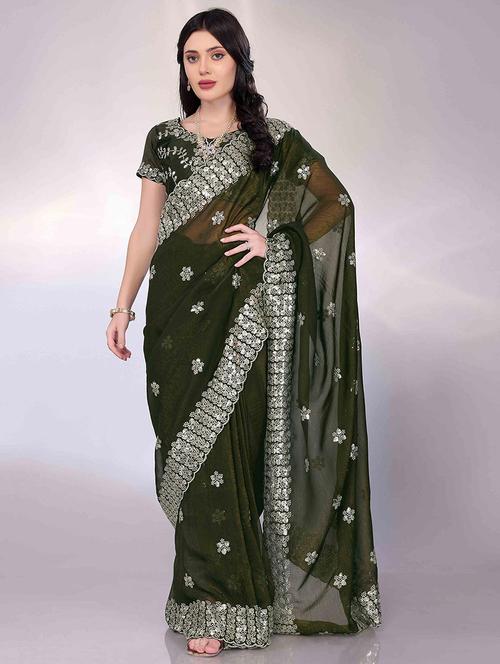 women solid with work embroidered saree with blouse - 22021313 - Very Small Image - 1