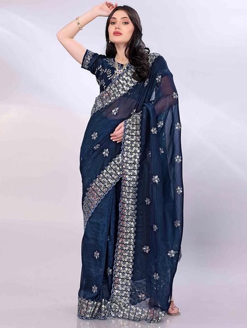 women solid with work embroidered saree with blouse - 22021315 - Very Small Image - 1