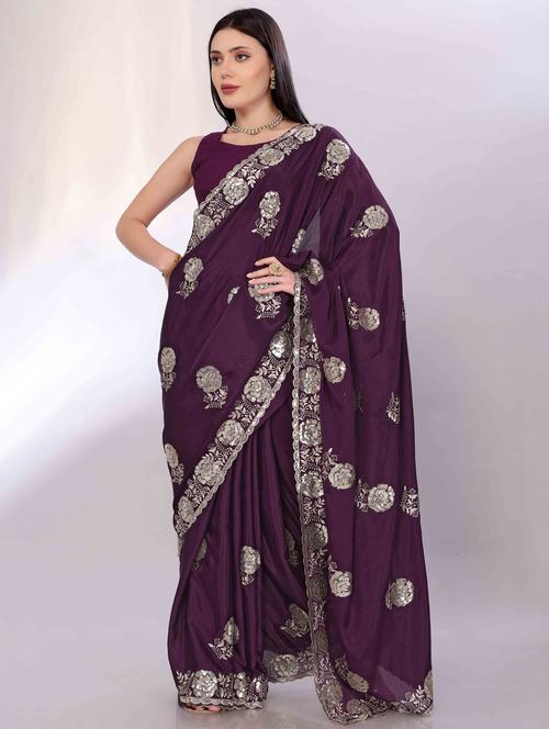 women purple embroidered saree with blouse - 22021330 - Very Small Image - 1