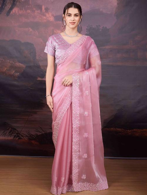 women solid with work embroidered saree with blouse - 22021369 - Very Small Image - 1
