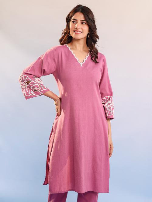 women embroidered three quarter sleeve kurta pant set - 22021653 - Very Small Image - 1