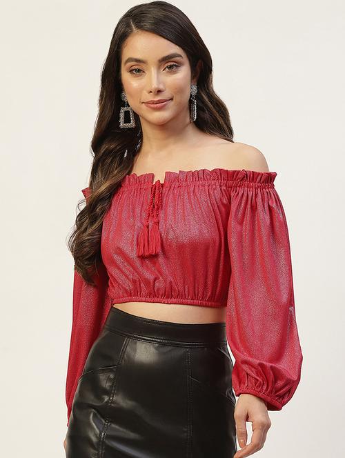 women solid off shoulder long sleeve crop top - 22028405 - Very Small Image - 1