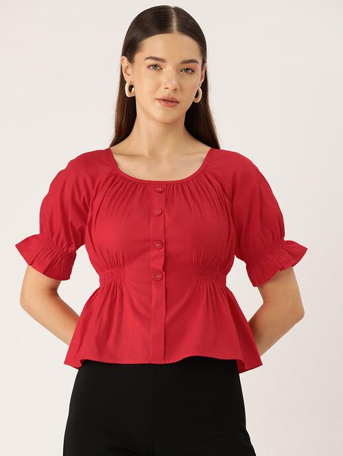 women red solid puff sleeve peplum top - 22028427 - Very Small Image - 1