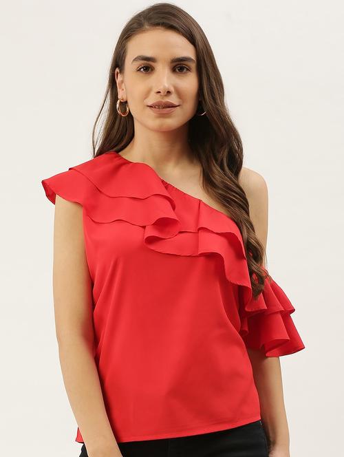 women red solid ruffled single shoulder top - 22028446 - Very Small Image - 1