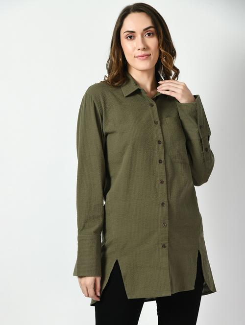women solid collared long sleeve high low shirt - 22028506 - Very Small Image - 1