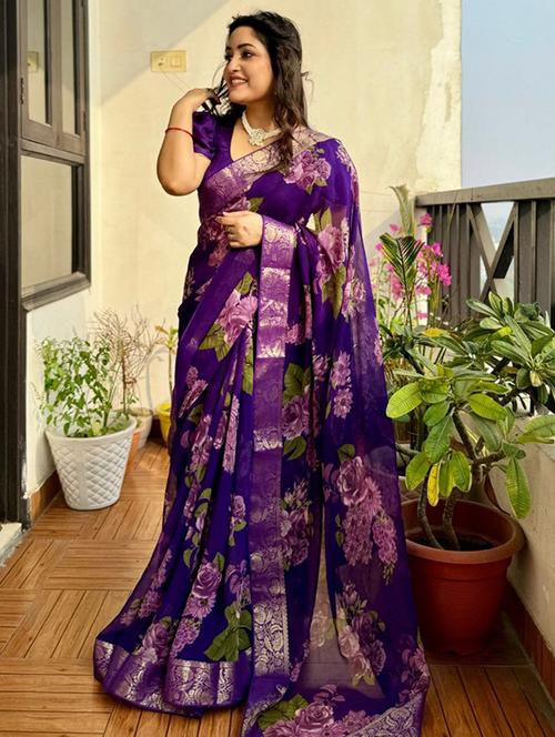 women floral printed bordered saree with blouse - 22031008 - Very Small Image - 1