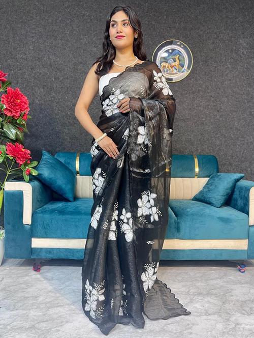 women solid with work embellished saree with blouse - 22031026 - Very Small Image - 1