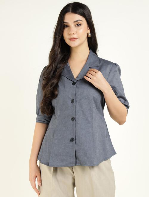 women solid lapel collar regular fit shirt - 22038627 - Very Small Image - 1