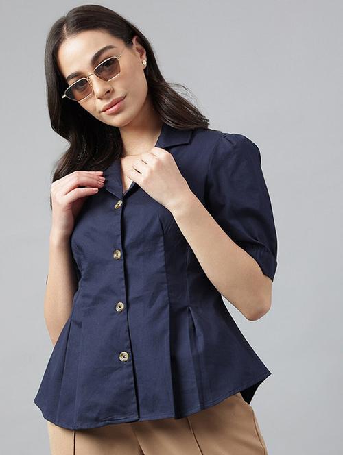women solid lapel collar regular fit shirt - 22038638 - Very Small Image - 1