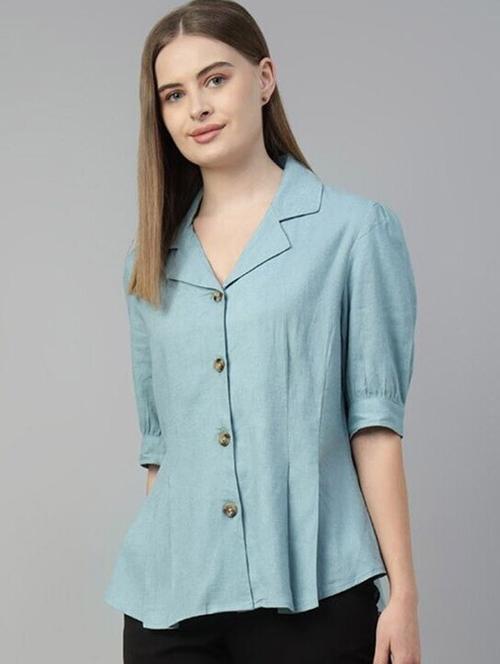 women solid lape collar puff sleeve shirt - 22038875 - Very Small Image - 1