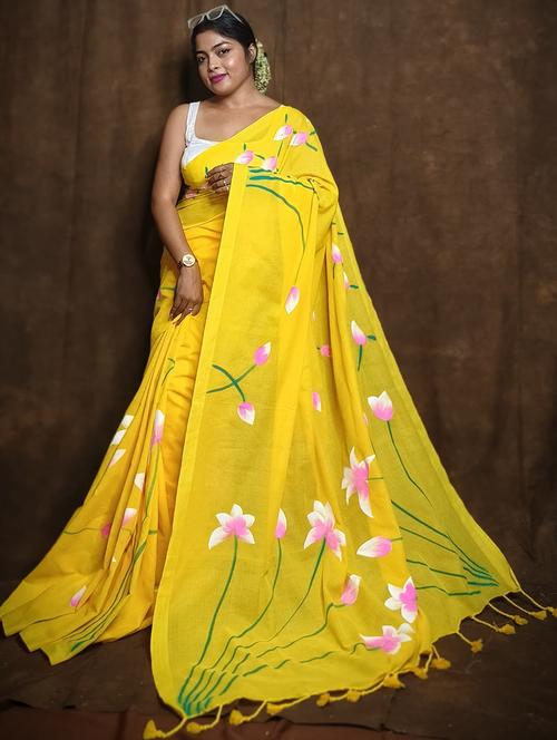 yellow cotton printed saree - 22055551 - Very Small Image - 1