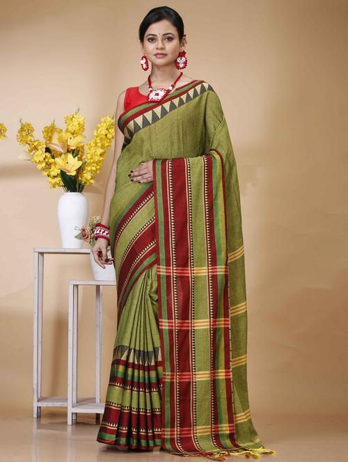 olive cotton handloom saree - 22055662 - Very Small Image - 1
