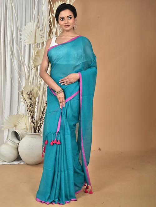 turquoise cotton handloom saree - 22055774 - Very Small Image - 1