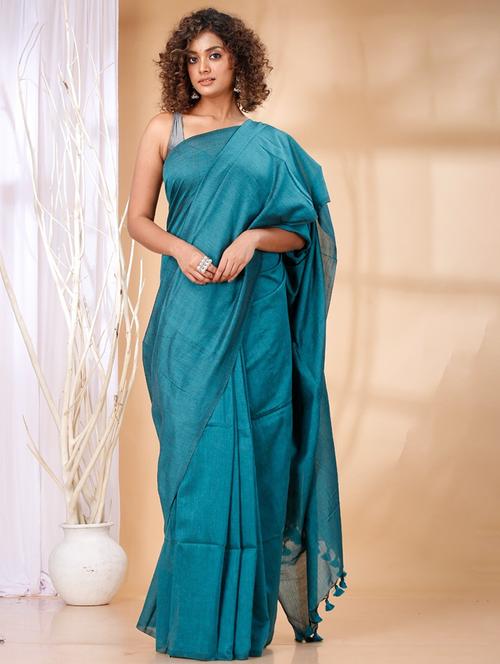 teal silk blend handloom saree - 22055876 - Very Small Image - 1