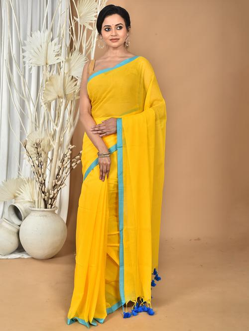 yellow cotton blend bordered saree - 22055922 - Very Small Image - 1