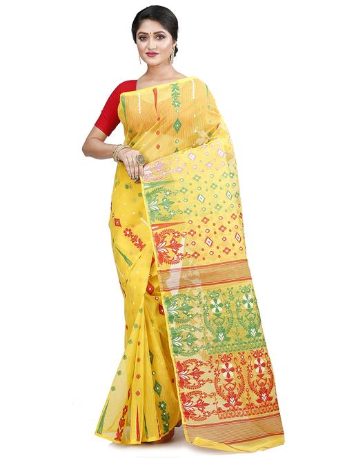 yellow cotton blend jamdani saree - 22056170 - Very Small Image - 1