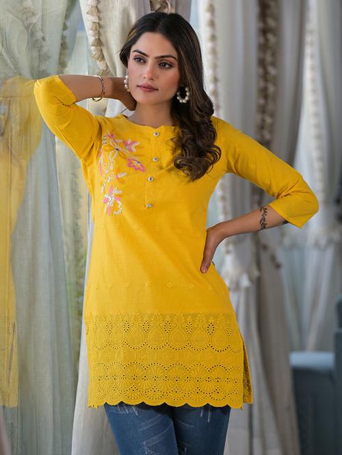 yellow cotton straight kurta - 22057877 - Very Small Image - 1